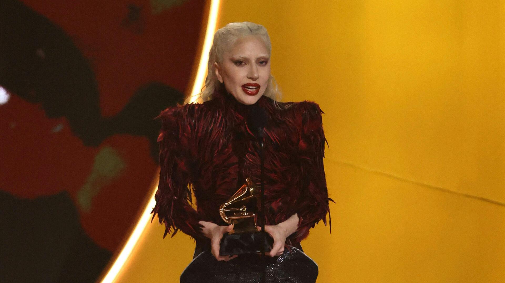 Lady Gaga accepts the award for Best Pop Vocal Album for "MAYHEM" during the 68th Annual Grammy Awards in Los Angeles, California, U.S., February 1, 2026. REUTERS/Daniel Cole