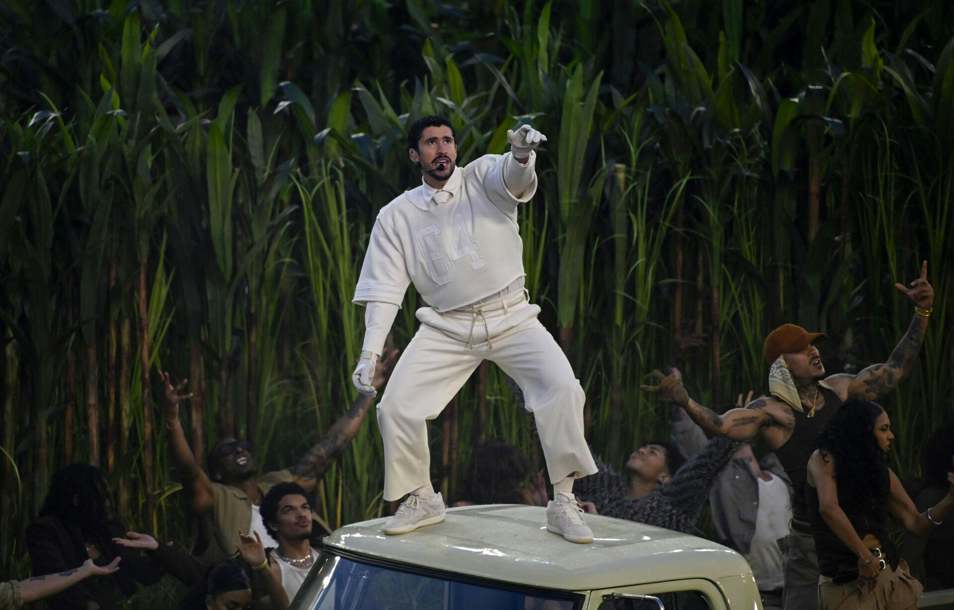 February 08, 2026 Bad Bunny performs during halftime of the NFL Super Bowl 60 between the Seattle Seahawks and the New England Patriots at Levi's Stadium in Santa Clara, California. Mandatory Photo Credit : Charles Baus/CSM/Sipa USA (Credit Image: © Charles Baus/Cal Sport Media/Sipa USA)