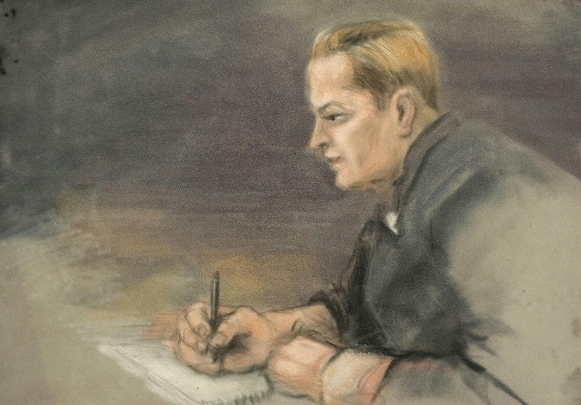 Tegning af Marius Borg Høiby fra Oslo Tingrett på den sjette retsdag. Lig mærke til bandagen på hans venstre arm, som han onsdag mødte op i retten med.