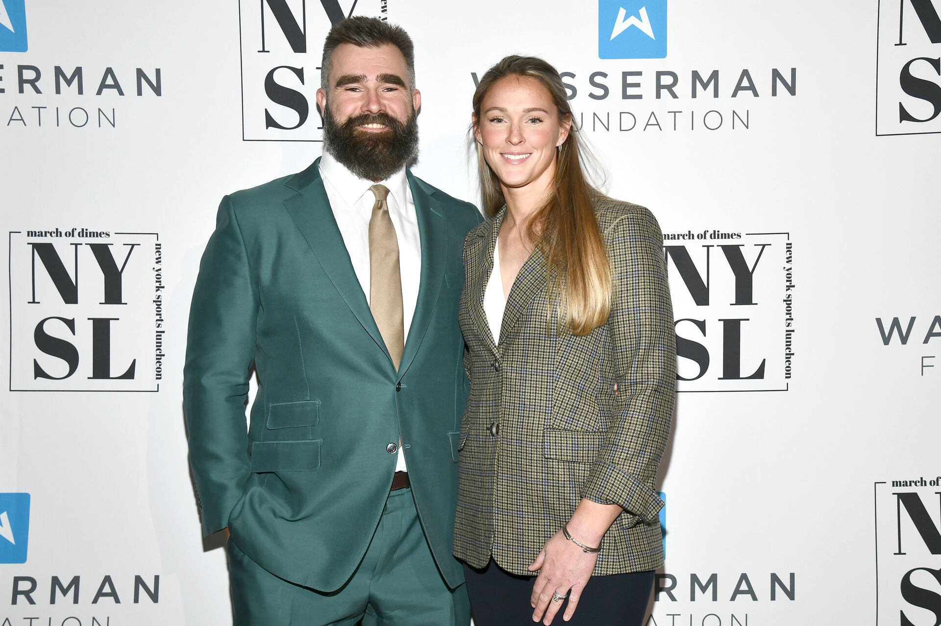 Honoree Jason Kelce and Kylie Kelce attend the 42nd Annual Sports Luncheon at Cipriani 42, New York, NY, December 3, 2025. (Photo by Anthony Behar/Sipa USA)