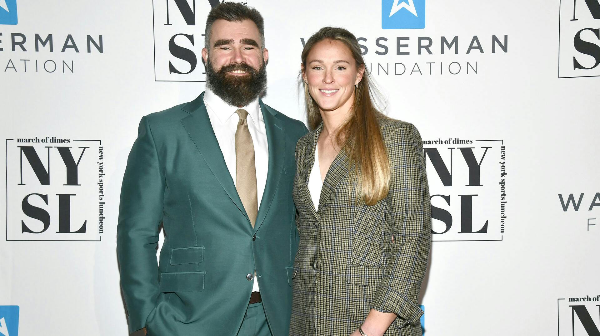 Honoree Jason Kelce and Kylie Kelce attend the 42nd Annual Sports Luncheon at Cipriani 42, New York, NY, December 3, 2025. (Photo by Anthony Behar/Sipa USA)