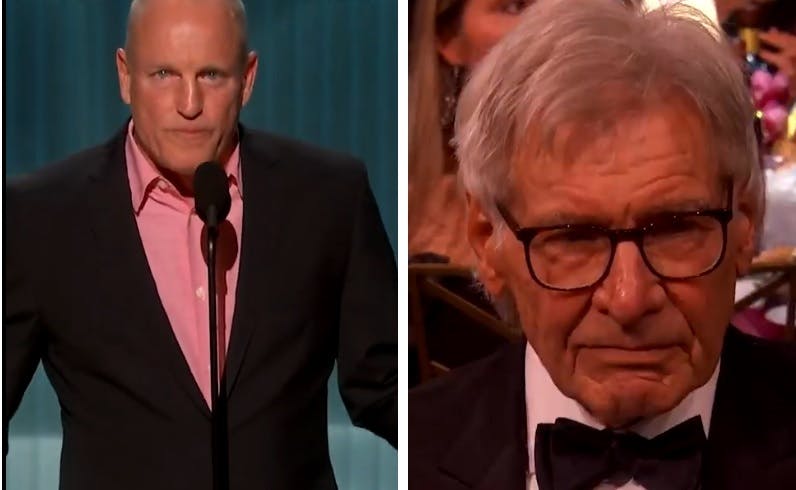 Woody Harrelson đã không nhận được sự ủng hộ nhiệt tình từ khán giả khi anh ấy lên trao giải thưởng danh dự cho Harrison Ford.