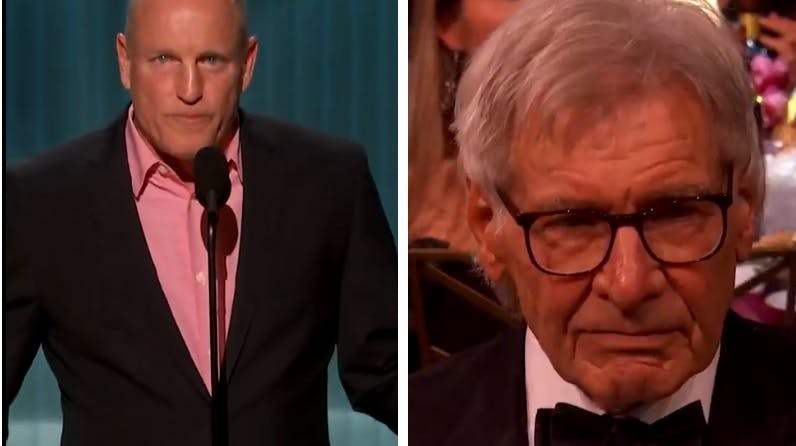 Woody Harrelson đã không nhận được sự ủng hộ nhiệt tình từ khán giả khi anh ấy lên trao giải thưởng danh dự cho Harrison Ford.