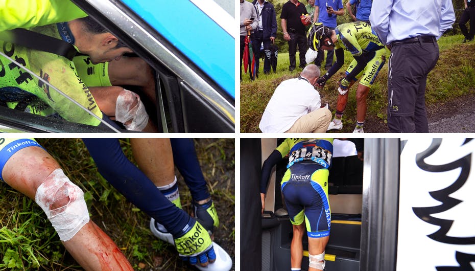 Contador måtte mandag forlade Touren efter et voldsomt styrt på en regnvåd nedkørsel i Vogeserne