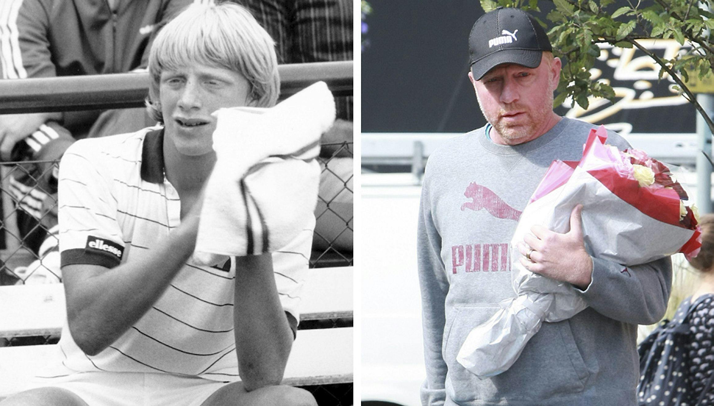 Billedet til venstre er fra 1985, hvor Becker vandt Wimbledon som den hidtil yngste. Fotoet til højre er fra London i denne uge.