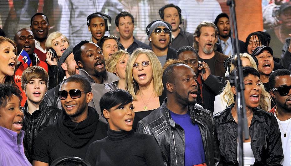 Celine Dion, Usher, will.i.am, Toni Braxton, Barbra Streisand, LL Cool J, Wyclef Jean, Vince Vaughn, Jeff Bridges og Natalie Cole var bare nogle af de kæmpe kendisser, der deltog i indspilningen - find selv flere