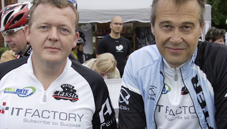 Lars Løkke har altid været stor cykelentusiast. Her ses han sammen med Flemming Enevold til Ritter Classic i 2007. Læg i øvrigt mæke til, hvem der sponsorerede løbet og den kommende statsminister dengang