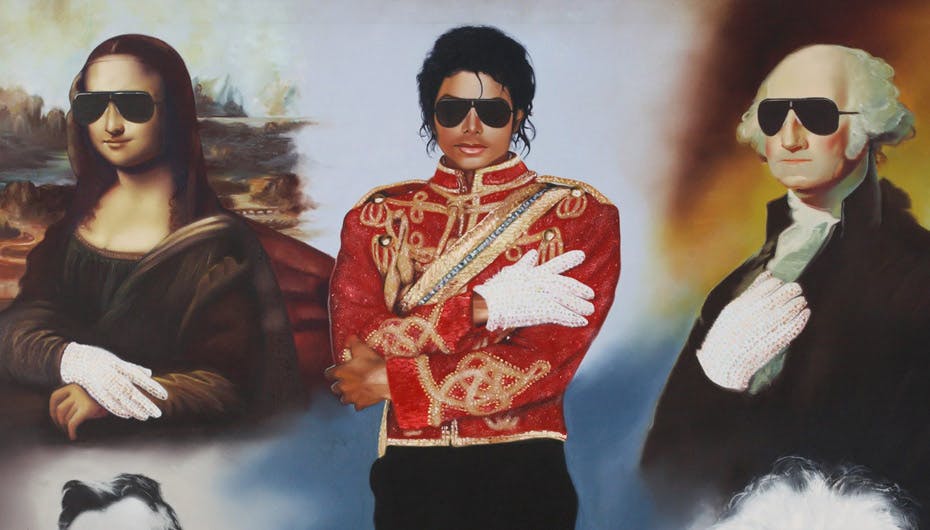 Udsnit af et maleri, hvor Michael Jakson er omgiver af ikoner, der alle bærer den berømte handske med rhinstene