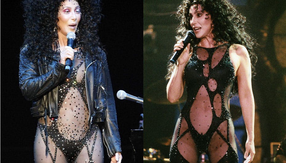 Cher som 62- og 45-årig. Hun holder sig godt, men dresset er genbrug